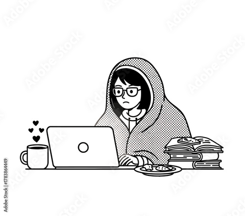 Minimalist Line Art Woman Reading in Armchair with Coffee