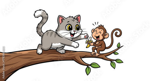 Cute cat with monkeys hanging on a tree branch