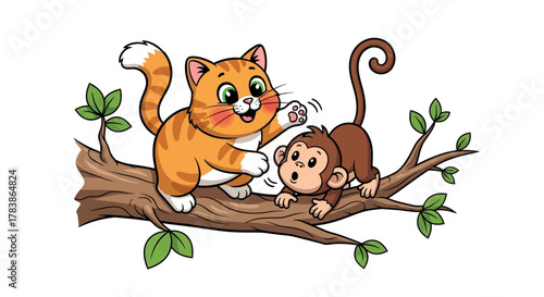 Cute cat with monkeys hanging on a tree branch