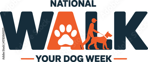 National Walk Your Dog Week Logo With Dog and Person Silhouette text lettering