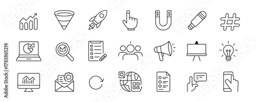 Boost your marketing strategy with this set of digital icons featuring growth charts, funnels, and engagement tools for your next project