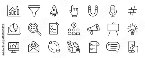 Modern digital marketing strategy icons showcasing data analytics, lead generation, and global communication for business growth and success