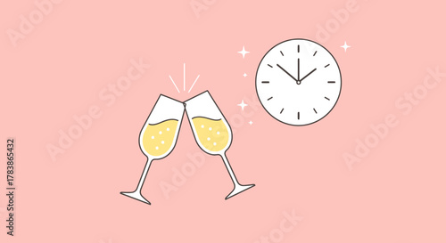 New Year s Eve Celebration Champagne Toast at Midnight with Sparkling Clock
