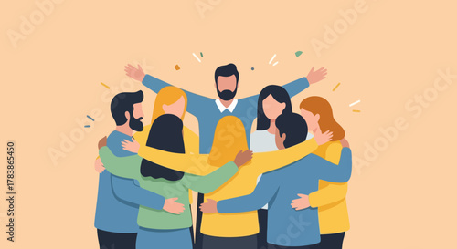 Diverse Group of People Embracing in Unity and Celebration Symbolizing Teamwork and Belonging