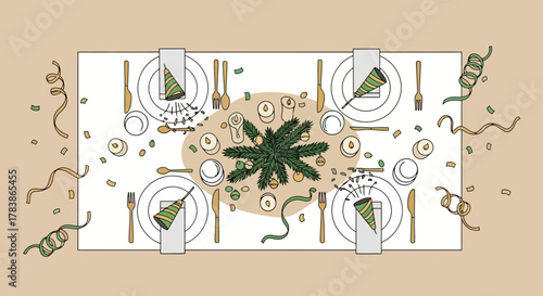 Festive Holiday Dinner Party Table Setting with Christmas Tree Centerpiece Confetti and Crackers Top View Illustration