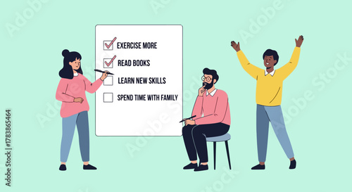 Diverse Group Achieving Goals on a Checklist Personal Growth Self Improvement Planning Concept