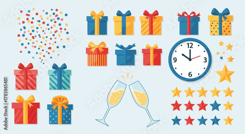 Celebration Party Elements Gift Boxes Champagne Toast Clock Confetti Stars Perfect for Holidays Birthdays New Year s Eve and Special Events