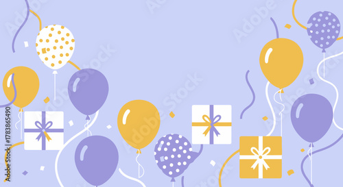 Festive Birthday Celebration Background with Balloons Gift Boxes and Confetti Light Blue Yellow and Purple Party Decor