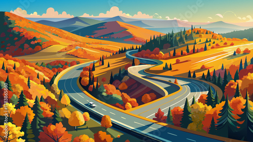 Very beautiful aerial drone view of the Mohawk Trail winding through vibrant autumn foliage in Massachusetts, USA, featuring colorful fall trees, mountain curves, and a realistic scenic New England 