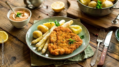 Traditional Schnitzel with Potatoes, Asparagus, and Creamy Sauce on Plate