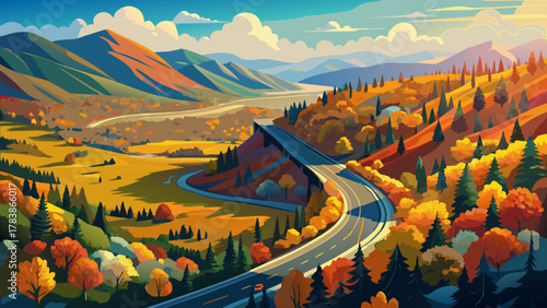 Very beautiful aerial drone view of the Mohawk Trail winding through vibrant autumn foliage in Massachusetts, USA, featuring colorful fall trees, mountain curves, and a realistic scenic New England 