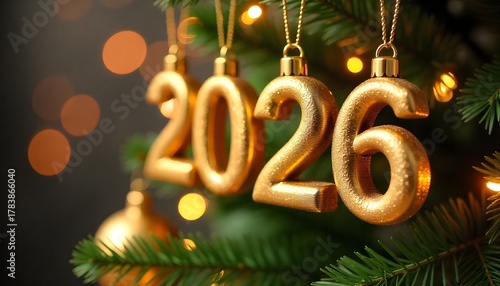 Happy New Year 2026 greeting banner with gold number and golden fireworks on night background