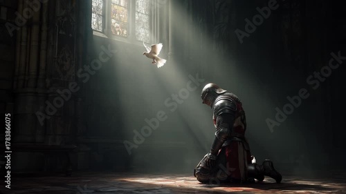 crusader temple knight kneeling and praying in church. white peaceful dove flying past light beams entering church window