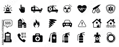 Emergency services icons for safety awareness and preparedness resources, offering essential symbols for disaster planning and first aid guidance