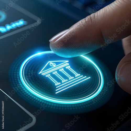 Futuristic Finance Concept: Human Finger Touching Glowing Holographic Bank Logo with Neon Blue Lights
