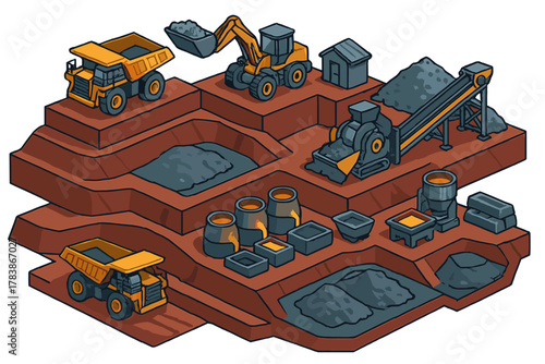 Isometric mining and smelting process with heavy equipment and raw material extraction