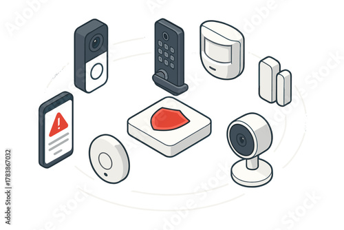 Isometric smart home security devices set with camera doorbell motion sensor and central hub