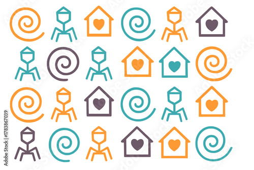 Seamless pattern of colorful icons representing home safety, viral infection, and abstract movement