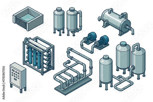 Isometric collection of industrial water purification and chemical processing equipment modules