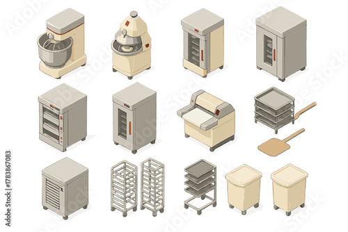 Professional commercial bakery equipment set featuring mixers, ovens, sheeters, and storage racks