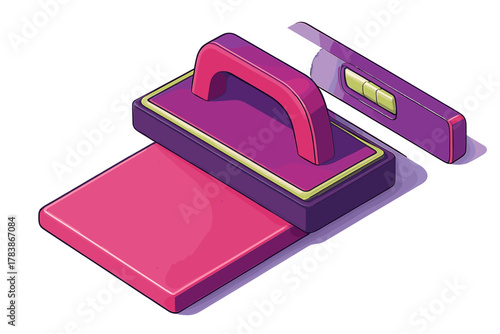 Isometric construction tools set featuring a hand trowel and utility knife in vibrant purple and pink colors