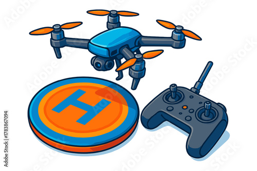 Modern quadcopter drone set with remote control and landing pad for aerial filming