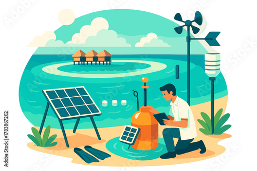 Environmental researcher collecting data from a weather station and solar panels on a remote tropical beach