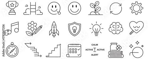 Inspiring collection of modern icons symbolizing success, ideas, growth, happiness, and well-being for business and lifestyle projects