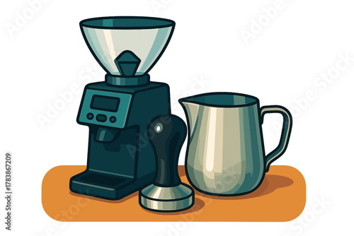 Professional coffee brewing equipment set with grinder, tamper, and milk pitcher