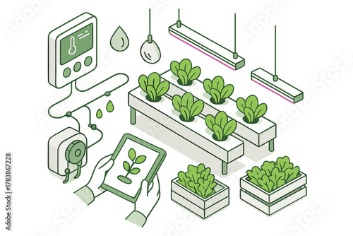 Isometric smart hydroponic farming system with automated climate control and digital monitoring