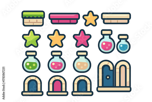 Colorful fantasy game assets set featuring stars, magic potions, platforms, and stone arches