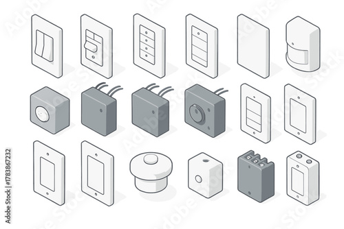Isometric smart home electrical components: light switches, dimmers, wall plates, and motion sensors