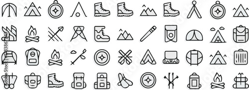 Collection of camping and outdoor adventure icons in black and white with gray shading Keywords: camping, outdoor, adventure, icons, tent, tipi