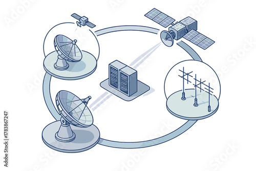 Global satellite communication network infrastructure connecting ground stations and data servers