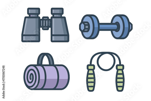 Dumbbell, binoculars, yoga mat, and jump rope representing fitness and outdoor activities