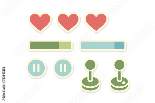 Retro video game user interface elements set including hearts, progress bars, pause icons, and arcade joysticks