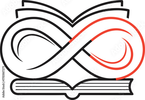 The conceptual image of an infinity sign intertwined with a book symbolizes eternal learning and retraining. The idea of an "eternal student" and an endless search for knowledge.