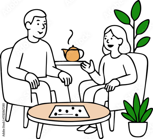 An illustration of two people sitting in chairs having a friendly conversation with tea on a small table, creating a warm and relaxed social atmosphere.