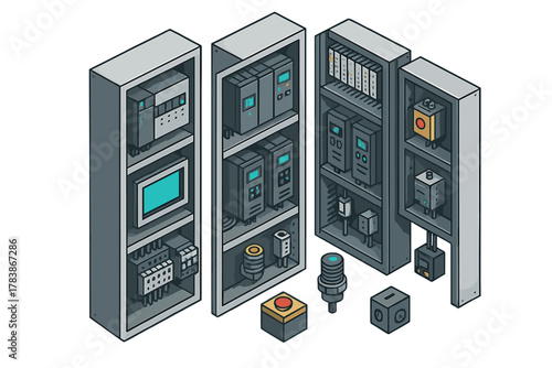 Isometric view of industrial control panels filled with automation and electrical components