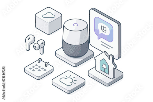 Isometric smart home technology concept with speaker, earbuds, calendar, and cloud icons
