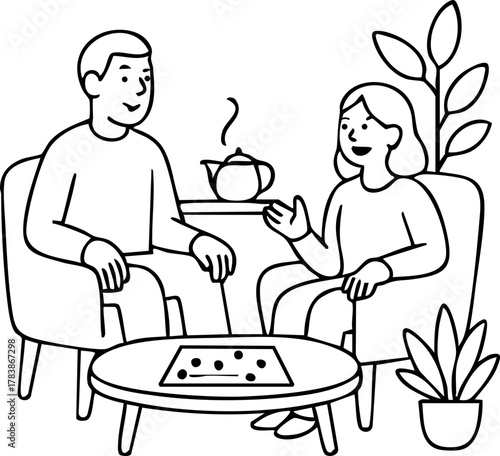 An illustration of two people sitting in chairs having a friendly conversation with tea on a small table, creating a warm and relaxed social atmosphere.