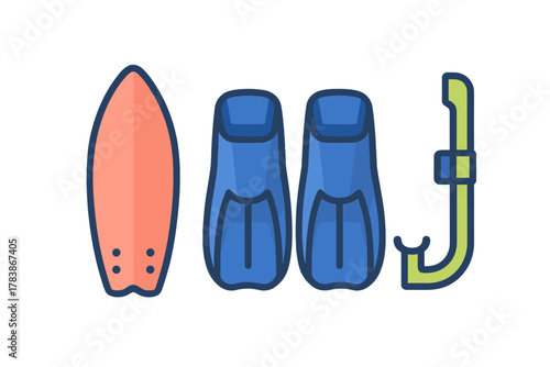 Colorful collection of summer beach and ocean sports equipment including surfboard fins and snorkel