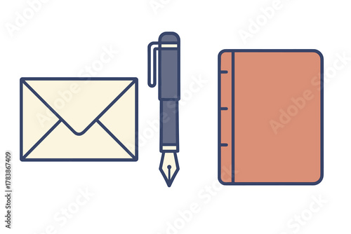 Classic fountain pen, sealed envelope, and closed notebook writing set