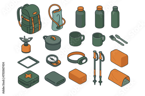 Essential outdoor adventure gear and equipment collection for hiking and camping