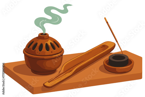 Traditional terracotta censer and wooden incense stick holder set with aromatic smoke rising