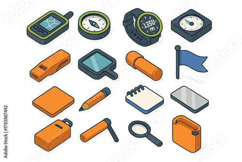 Detailed isometric outdoor adventure and exploration equipment including GPS, compass, and survival tools