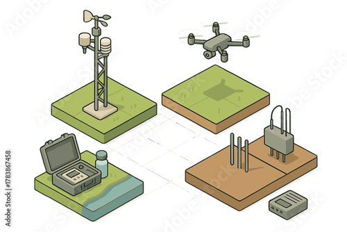 Isometric collection of environmental monitoring devices for weather, water, and ground data