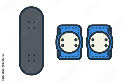 Skateboard deck and protective knee pads safety gear for extreme sports