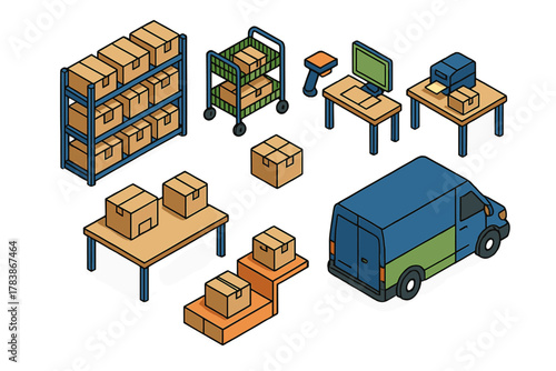Isometric set of warehouse and delivery elements including shelving, cardboard boxes, scanner, computer, and shipping van