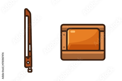 Brown utility knife cutter tool positioned next to a wooden shipping crate box